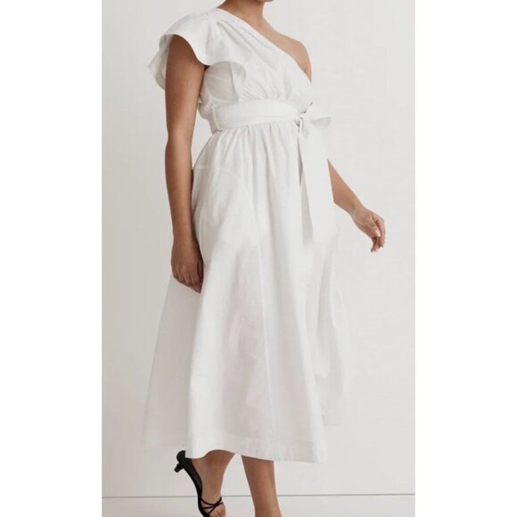 Madewell Sz 16 Dress Ruffled One-Shoulder Midi White Cotton Classic Minimalist - Picture 2 of 8